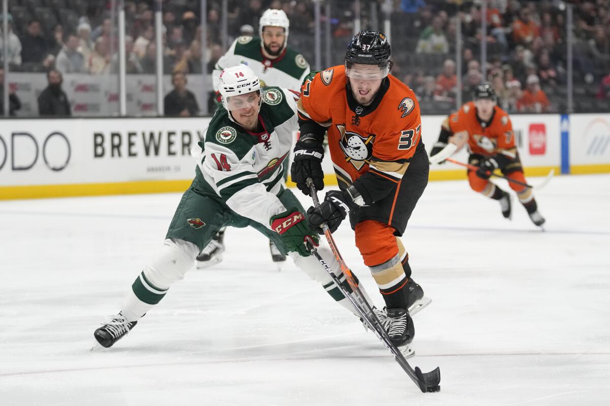 Minnesota Wild center Joel Eriksson Ek and Ducks center Mason McTavish battle for the puck.