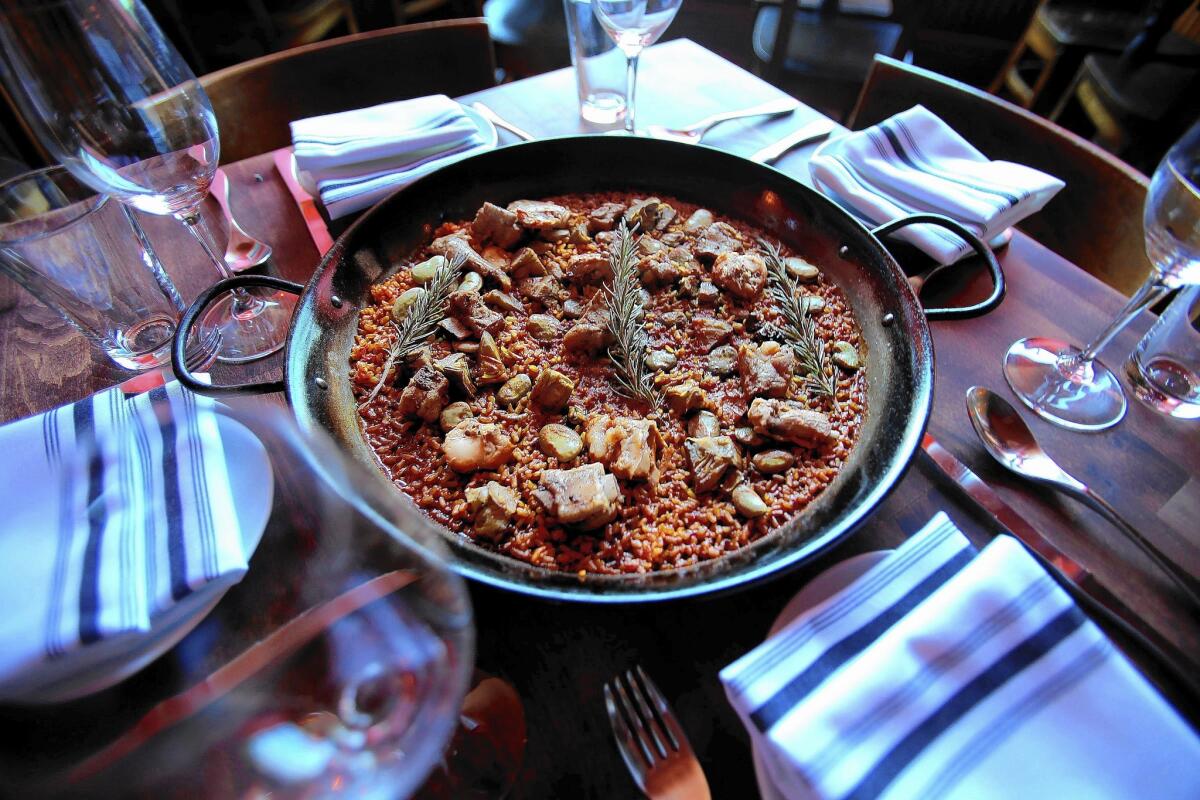 Paella verdas, with rabbit, pork, artichokes and fava beans, at Smoke.Oil.Salt on Melrose Avenue.