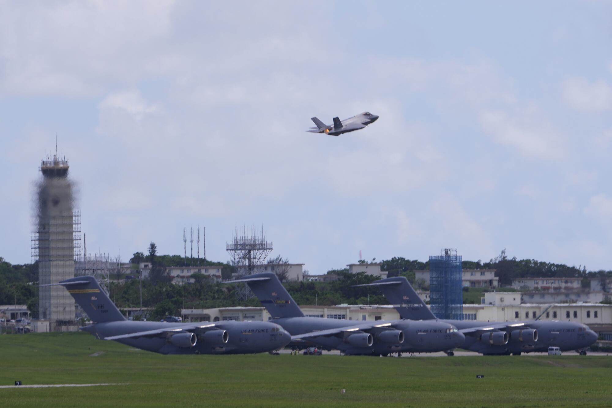 A U.S F-35 Lightning II fighter jet takes off from an airfield on Okinawa.