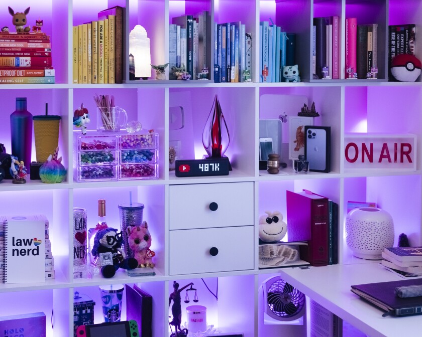 Emily Baker's purple-lit studio with stuffed animals and books sorted by color.