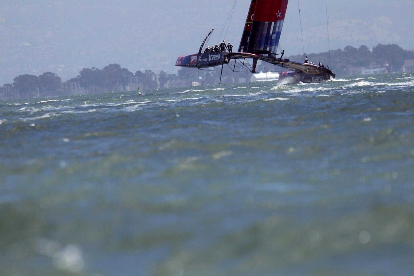 Emirates Team New Zealand sails on San Francisco Bay during the round robin one yacht races of the Luis Vuitton Cup challenger series in the 34th America's Cup in San Francisco