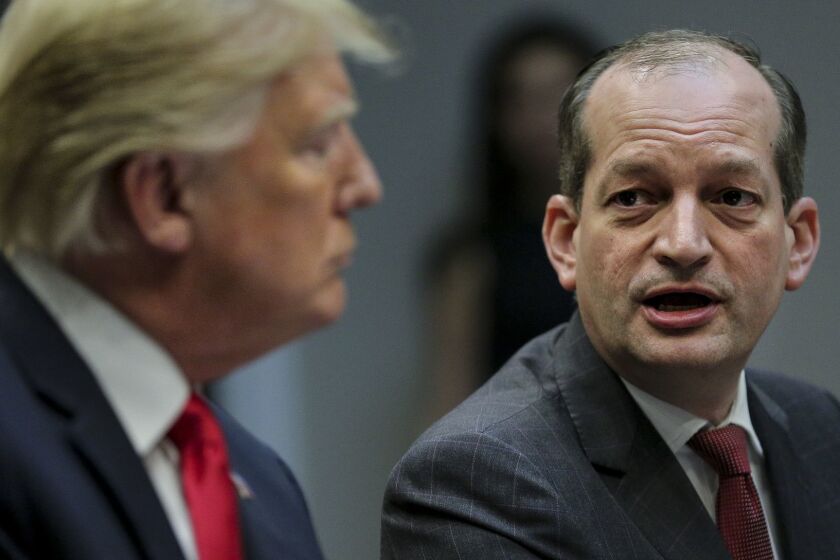 WASHINGTON, DC - SEPTEMBER 17: Secretary of Labor Alex Acosta, (R) speaks as U.S. President Donald Trump listens during the inaugural meeting of the Presidents National Council for the American Worker in the Roosevelt Room of the White House on September 17, 2018 in Washington, DC. (Photo by Oliver Contreras - Pool/Getty Images) User Upload Caption: wire ** OUTS - ELSENT, FPG, CM - OUTS * NM, PH, VA if sourced by CT, LA or MoD **