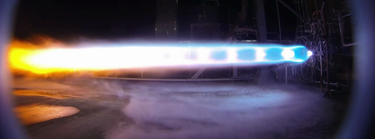 A rocket engine undergoes combustion testing. (Blue Origin)