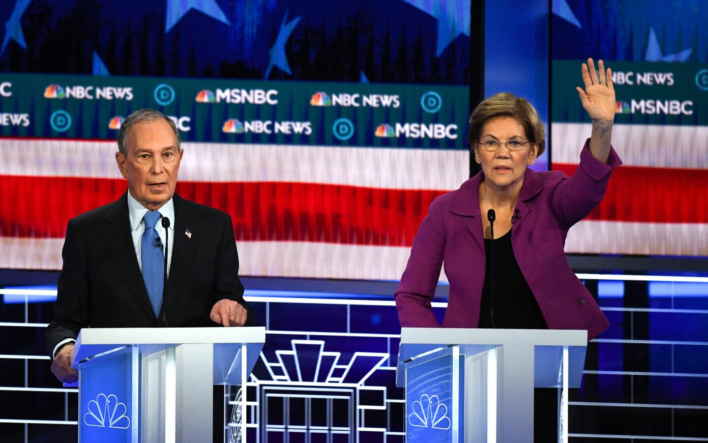 Democratic presidential hopefuls Former New York Mayor Mike Bloomberg and Massachusetts Senator Elizabeth Warren participate in the ninth Democratic primary debate of the 2020 presidential campaign season co-hosted by NBC News, MSNBC, Noticias Telemundo and The Nevada Independent at the Paris Theater in Las Vegas, Nevada, on February 19, 2020. (Photo by Mark RALSTON / AFP) (Photo by MARK RALSTON/AFP via Getty Images)