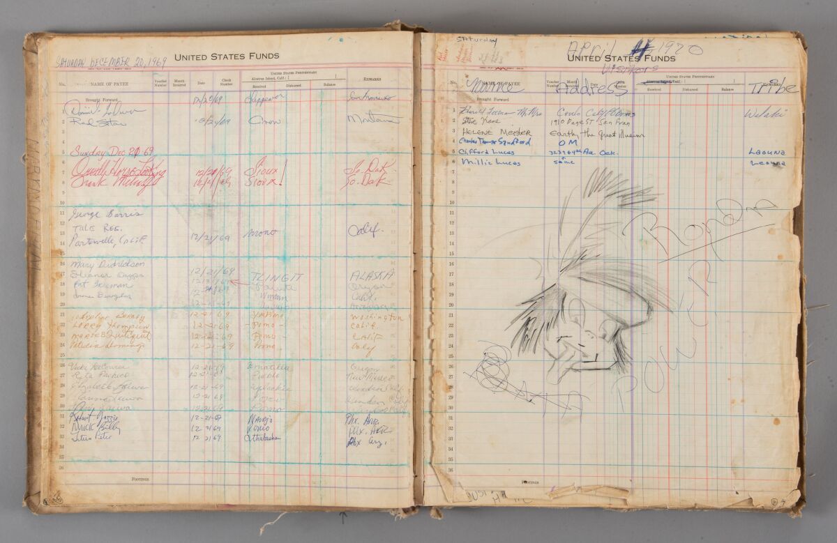 A scan of an accounting ledger shows signatures in different colored ink and a cartoon drawing of a Plains Indian boy