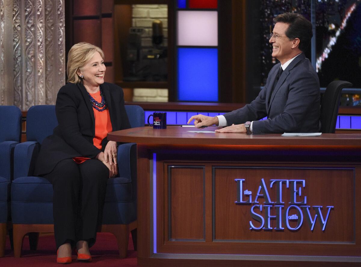 Presidential Candidate Hillary Clinton chats with Stephen on The Late Show with Stephen Colbert, Tuesday Oct. 27, 2015 on the CBS Television Network. Photo: Jeffrey R. Staab/CBS ©2015 CBS Broadcasting Inc. All Rights Reserved