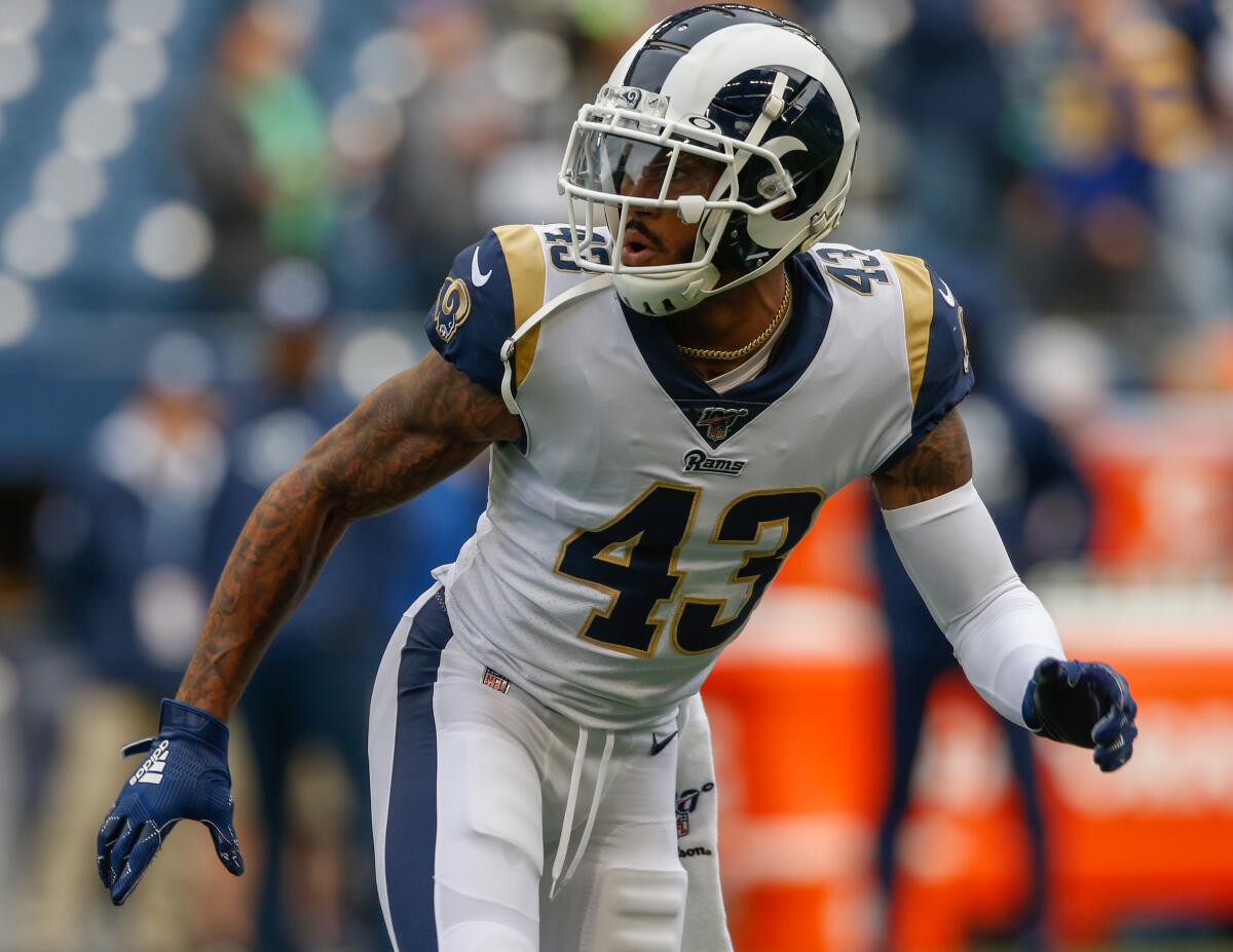 Rams safety John Johnson warms up before a game against the Seattle Seahawks in October. 