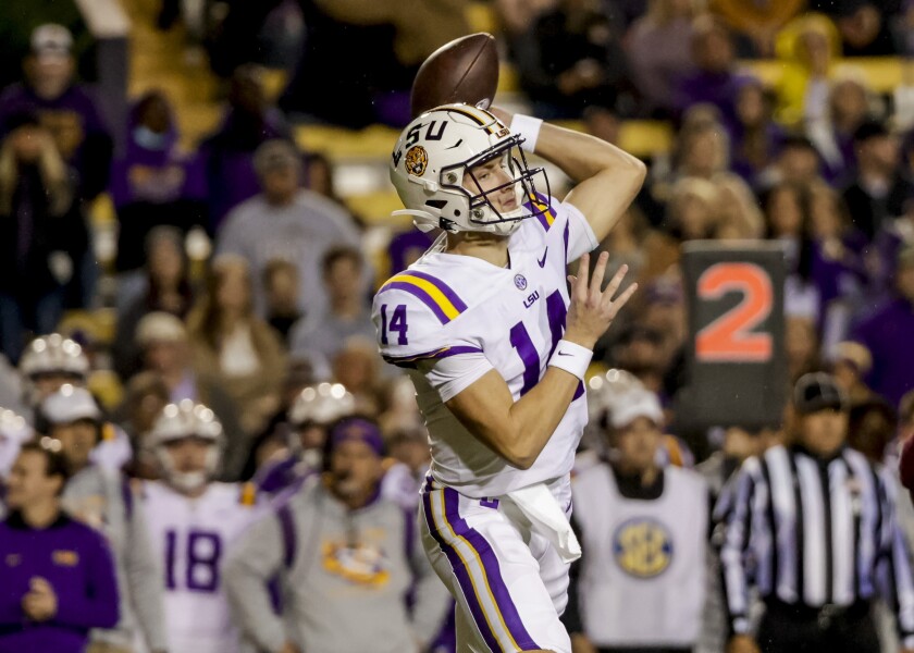 LSU quarterback Max Johnson (14) looks to throw a pass against Texas A&M during the first quarter of an NCAA college football game in Baton Rouge, La., Saturday, Nov. 27, 2021. (AP Photo/Derick Hingle)
