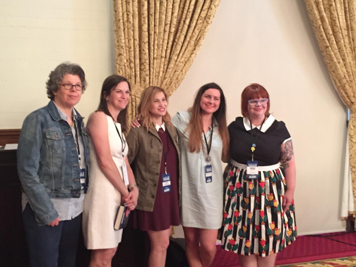 Authors Meg Wolitzer, Sarah Dessen, Robyn Schneider, Emery Lord and Amy Spalding at the "Young Adult Fiction: Connections & Consequences" panel at the Los Angeles Times Book Festival on Saturday.