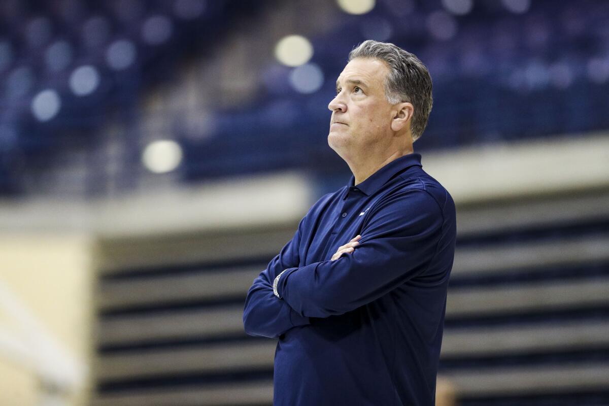 University of San Diego basketball coach Steve Lavin watches practice at the Jenny Craig Pavilion last month.