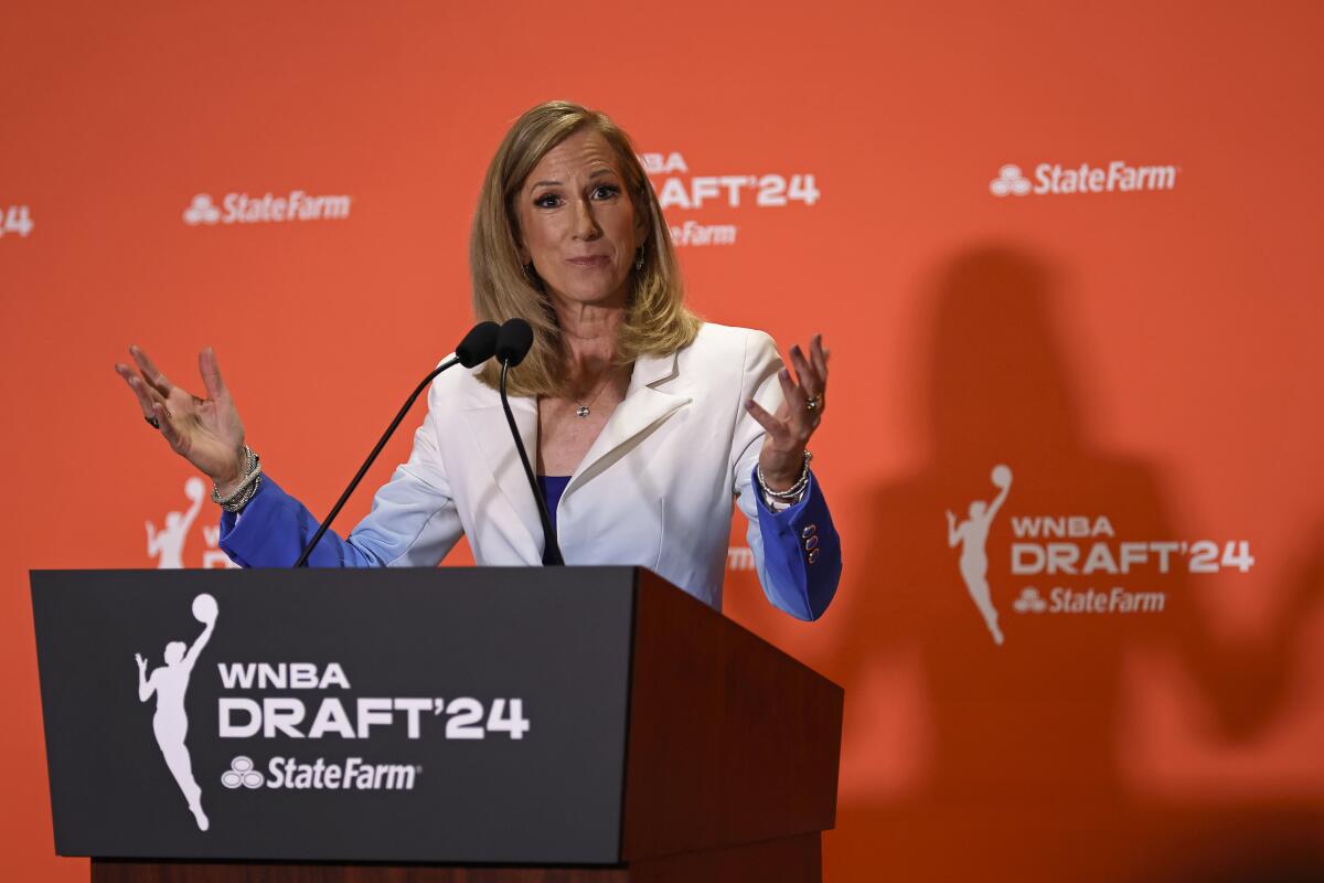 WNBA commissioner Cathy Engelbert speaks to the media before the WNBA basketball draft in April.