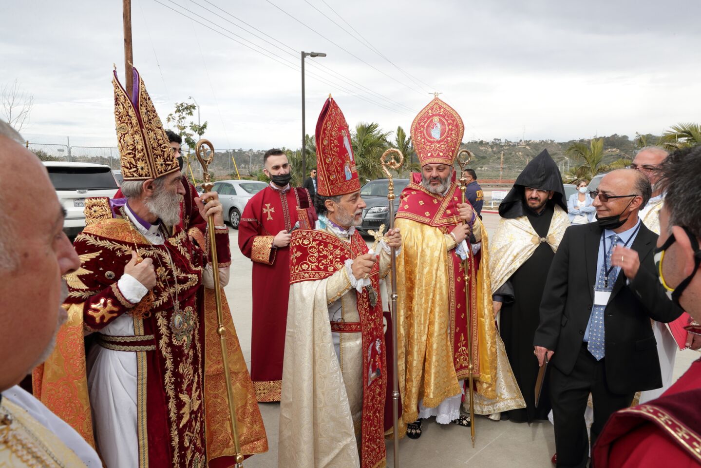 Archbishop Barkev Martirosyan (Former Primate of Artsakh, Armenia), Archbishop Hovnan Derderian (Primate, Western Diocese of Armenian Church), and Bishop Bagrat Galastanyan (Primate of the Diocese of Tavush, Armenia) prepare to preside over the consecration and church naming ceremony at the new Armenian Church in San Diego