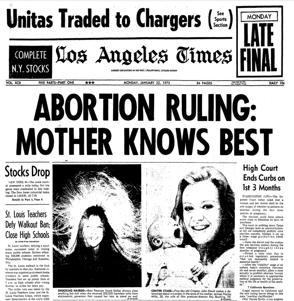 Front page of LA Times with headline: "Abortion Ruling: Mother Knows Best:
