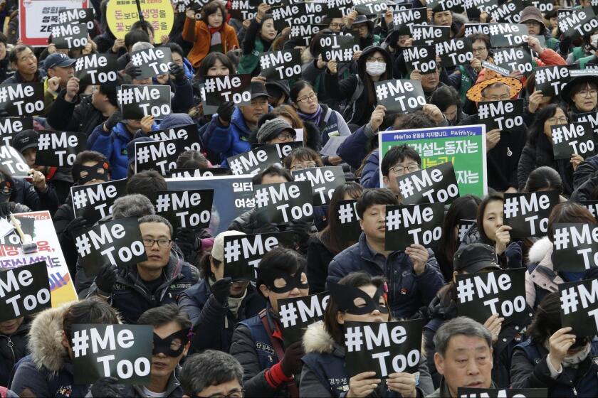 FILE - In this March 8, 2018, file photo, demonstrators supporting the #MeToo movement stage a rally to mark the International Women's Day in Seoul, South Korea. In patriarchal South Korea, the MeToo movement has taken off with unexpected rapidity, toppling male celebrities including a prominent politician. While allegations of sexual abuse began to take toll on reputation of men in power, whether the victims will be able to seek justice and transform the conservative and patriarchal society hinges on changing male-centered views in judicial system and workplaces. (AP Photo/Ahn Young-joon, File)