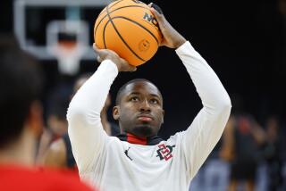 Boston, MA- March 27: San Diego State's Darrion Trammell practices for a Sweet 16 game against UConn at the TD Garden on Wednesday, March 27, 2024 in Boston, MA. (K.C. Alfred / The San Diego Union-Tribune)