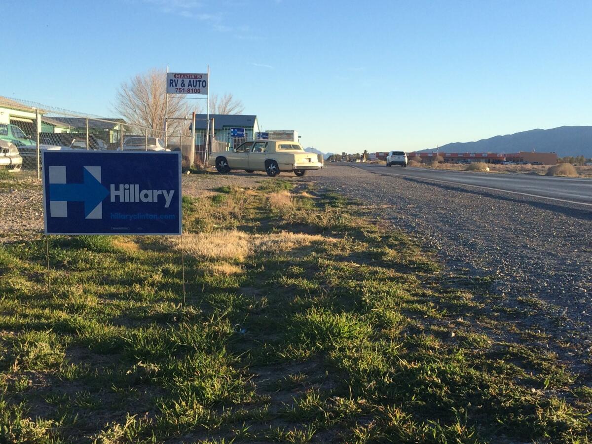 Signs in support of Hillary Clinton outside Martin's RV & Automotive Repair Center in Pahrump, Nev.