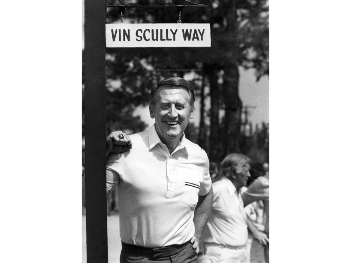 Mary 14, 1982: Dodgers announcer Vin Scully has a street named after him in Dodgertown.