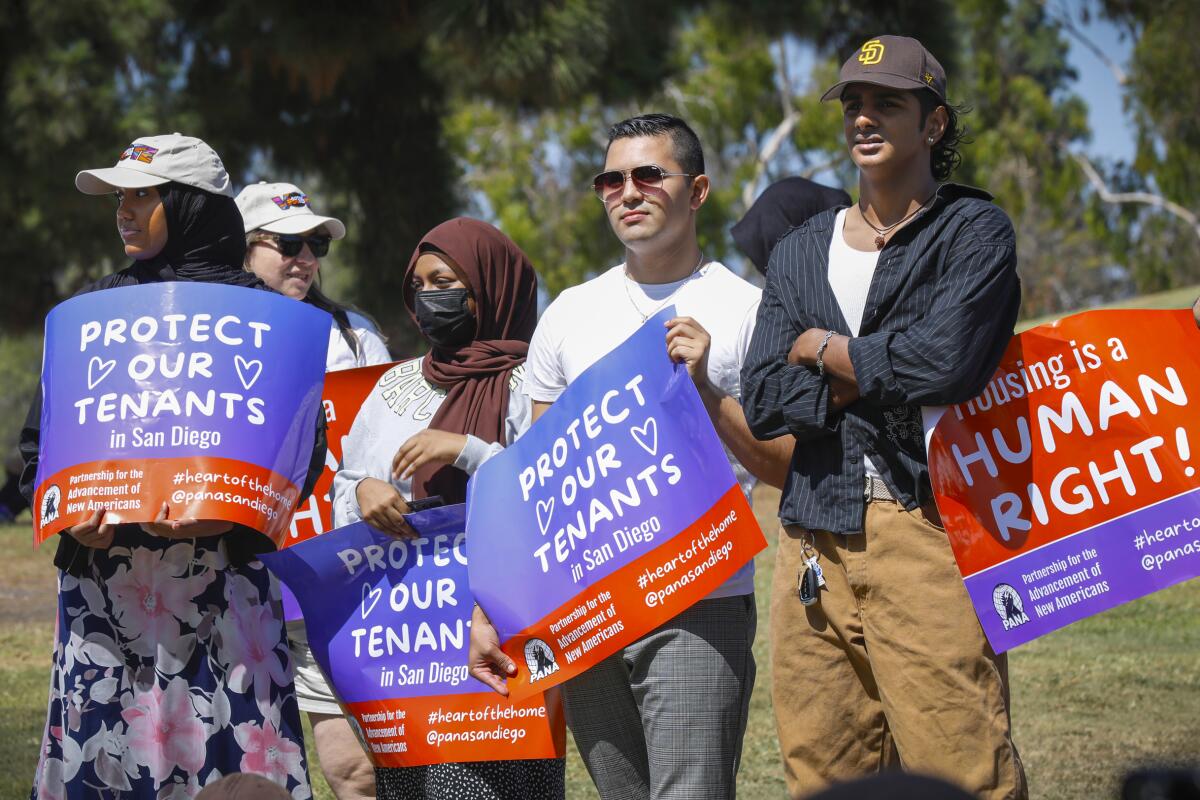 San Diegans gather at Colina Del Sol Park in City Heights in September in support of stronger tenant rights.