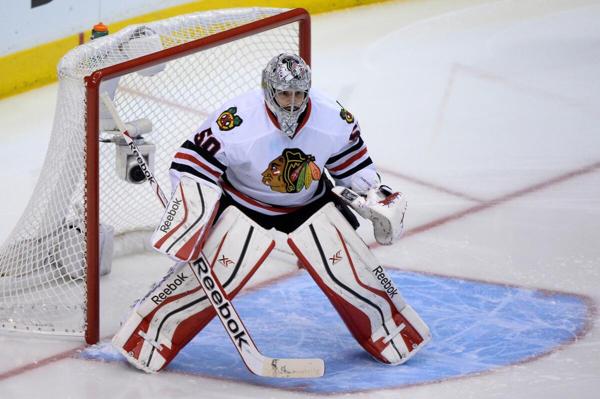 Chicago goaltender Corey Crawford stands ready during Game 4 of the Western Conference finals on Monday.