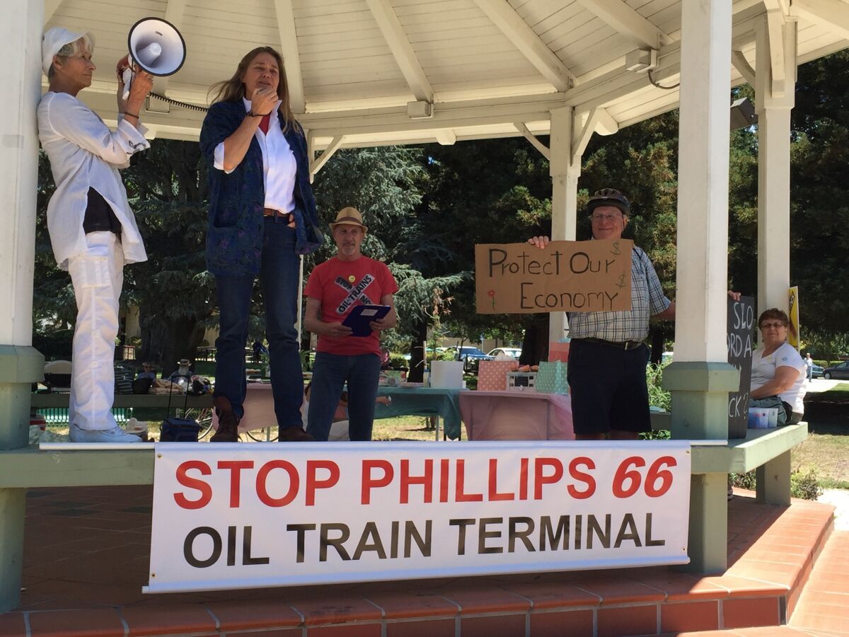 Arlene Burns, the mayor of the tiny Oregon town of Mosier, shares the story of what happened on June 7, when an oil train on Union Pacific tracks derailed. She appeared at a rally against a proposed new rail facility at a Phillips 66 refinery in Santa Maria.