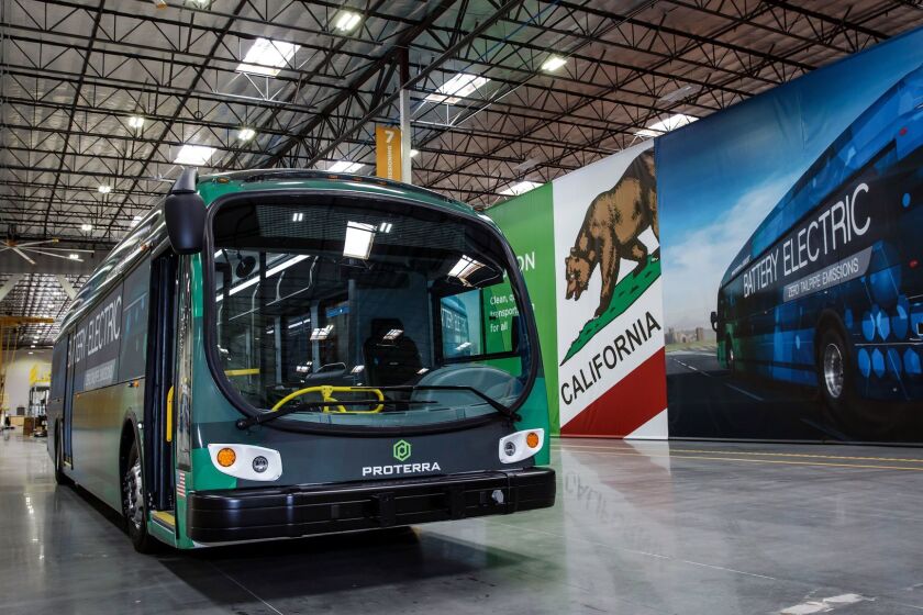 WALNUT, CALIF. -- TUESDAY, JUNE 13, 2017: The first Proterra electric bus built at the local manufacturing plant in Walnut, Calif., on June 13, 2017. (Marcus Yam / Los Angeles Times)