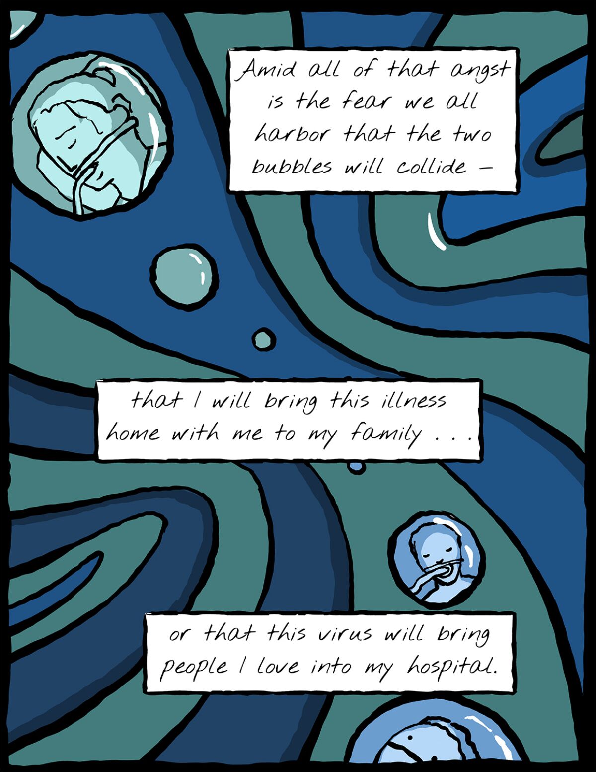 A series of nine illustrations by Nathan Gray for his April, 2020 Los Angeles Times op-ed on being a doctor in the time of the coronavirus pandemic. Gray is an assistant professor of medicine and palliative care at Duke University Center and an artist who draws comics on medical topics. (Nathan Gray / For The Times)