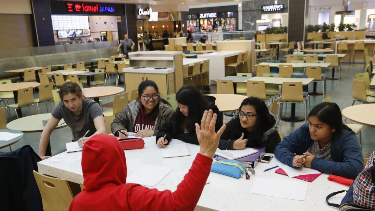 Local high school students study AP biology with their teacher whom they "coincidentally" met inside the food court at the Northridge Fashion Center on the first day of the teachers' strike.