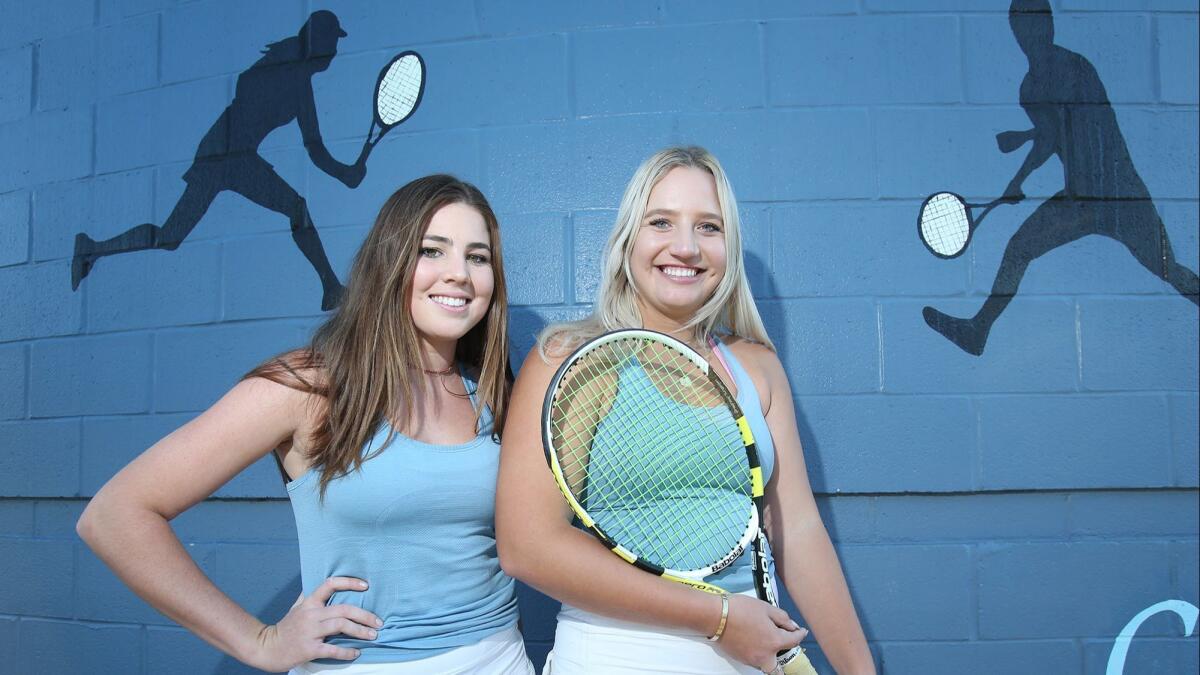 Corona del Mar High seniors Roxy MacKenzie, left, and Kristina Evloeva won the Surf League doubles title and advanced to the semifinals of the CIF Southern Section Individuals tournament.