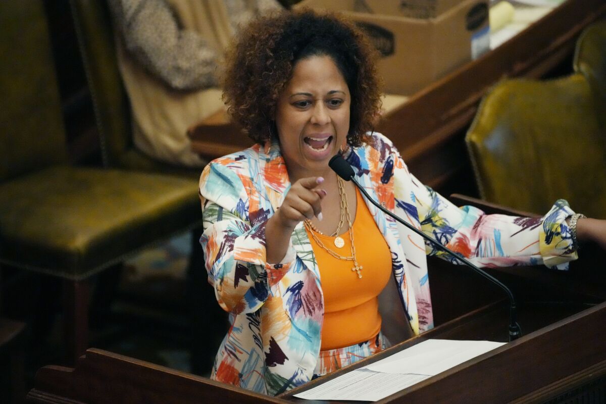 Rep. Zakiya Summers, D-Jackson speaks against passage of the controversial Jackson Capitol Complex Improvement District bill in the House Chamber, Friday, March 31, 2023, at the Capitol in Jackson, Miss. (AP Photo/Rogelio V. Solis)