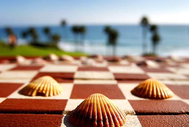 Sea shells are used for checker pieces on a picnic table in San Clemente.