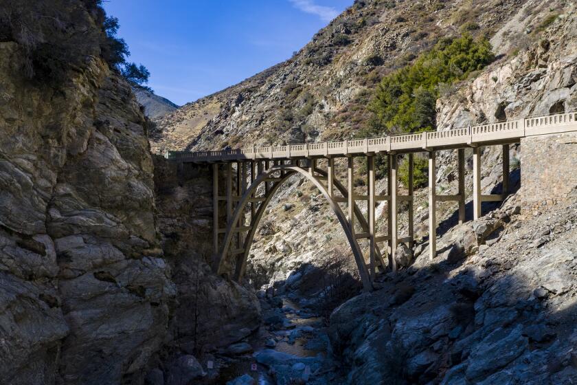 AZUSA, CA - FEBRUARY 11: The Bridge to Nowhere crosses the East Fork of the San Gabriel River on Thursday, Feb. 11, 2021 in Azusa, CA. (Brian van der Brug / Los Angeles Times)