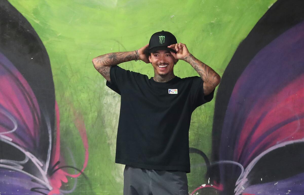 Pro skateboarder Nyjah Huston, shown last month at his private skate park in San Clemente, is headed to the Paris Olympics.
