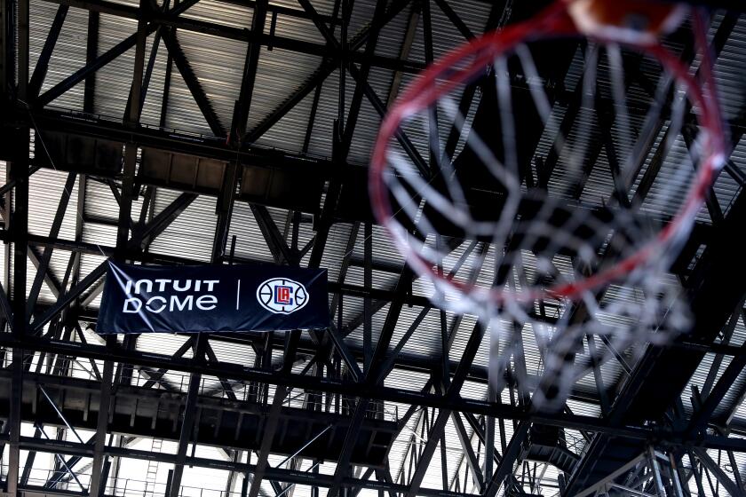 INGLEWOOD, CA - MARCH 07: The Intuit Dome Steel Topping Out, the biggest construction milestone in the building of the LA Clippers' new arena, on Tuesday, March 7, 2023 in Inglewood, CA. Home of the LA Clippers NBA basketball team. (Gary Coronado / Los Angeles Times)