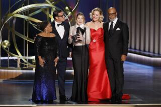 Los Angeles, CA - January 15: Chandra Wilson, Justin Chambers, Ellen Pompeo, Katherine Heigl and James Pickens at the 75th Primetime Emmy Awards at the Peacock Theater in Los Angeles, CA, Monday, Jan. 15, 2024. (Robert Gauthier / Los Angeles Times)