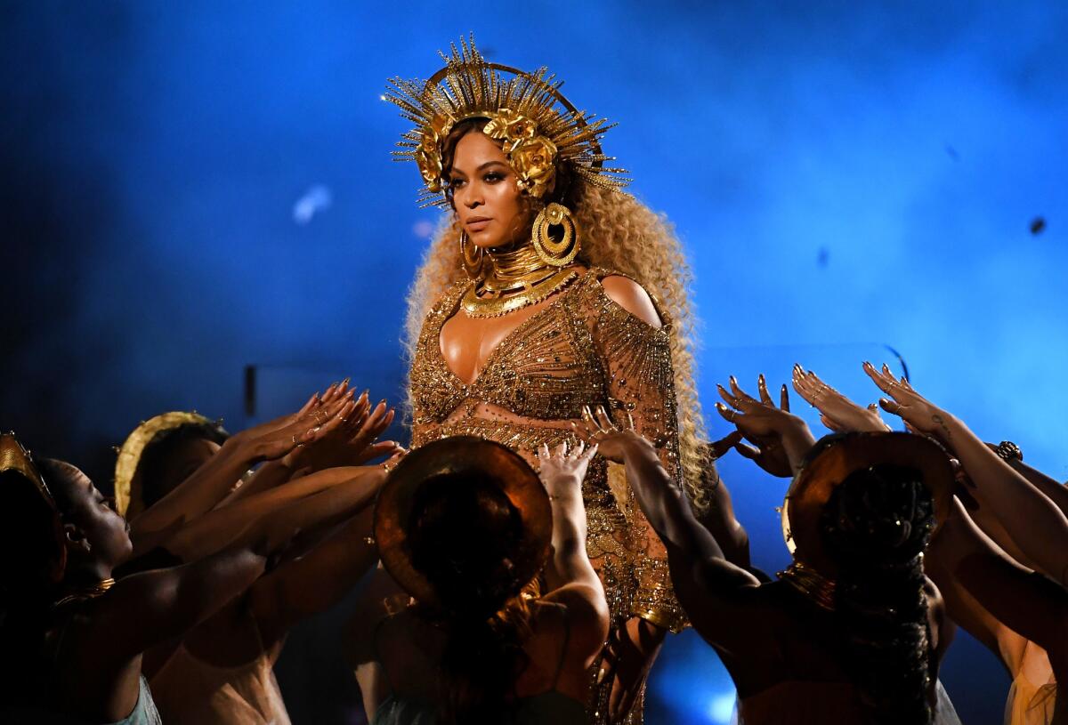 Beyoncé performs during the 59th Grammy Awards at Staples Center on Sunday.