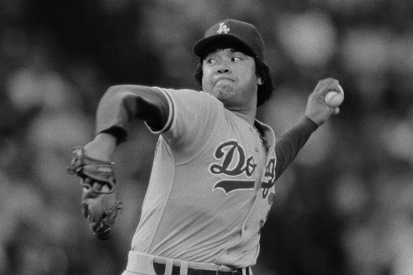 Los Angeles Dodgers' Fernando Valenzuela pitches during the Dodgers' 1- 0 win over the Philadelphia phillies.
