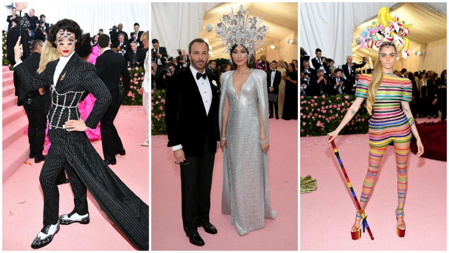 Ezra Miller (in custom Burberry designed by chief creative officer Riccardo Tisci), from left, Tom Ford with Gemma Chan (in Tom Ford); and Cara Delevingne (in Dior Haute Couture) arrive at the 2019 Met Gala.