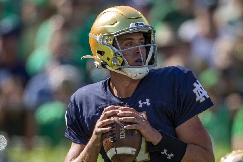 Notre Dame quarterback Jack Coan (17) during an NCAA football game against Purdue on Saturday, Sept.18, 2021, in South Bend, Ind. (AP Photo/Robert Franklin)