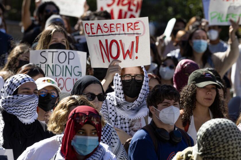 Los Angeles, CA - November 08: UCLA students march and rally for Palestine on the UCLA campus in Westwood Wednesday, Nov. 8, 2023 in Los Angeles, CA. (Brian van der Brug / Los Angeles Times)