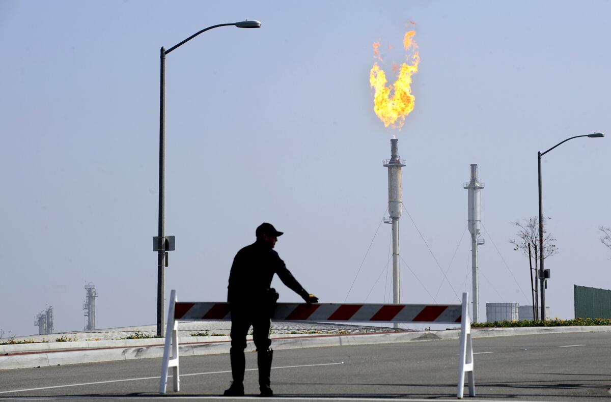 The scene in February 2015 when Torrance police closed off Del Amo Boulevard near the then-Exxon Mobile Refinery after an explosion that resulted in the plant shutting for months.