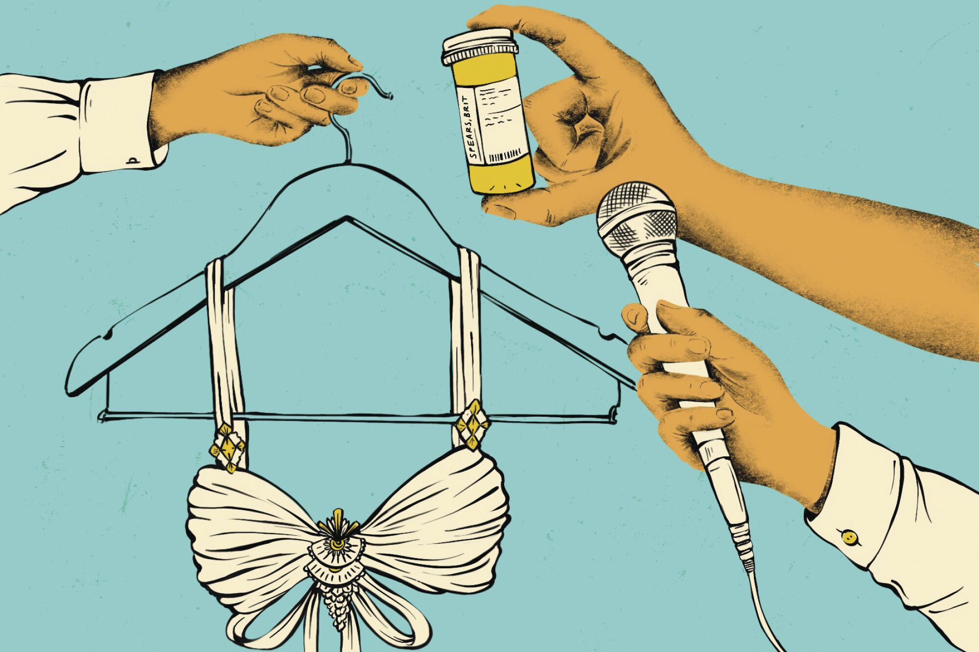 Illustration of hands holding up stage clothes, medication and microphone