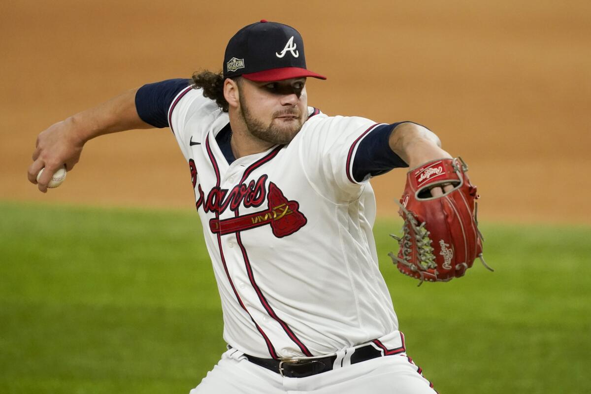 Atlanta Braves starting pitcher Bryse Wilson throws against the Dodgers in Game 4 of the NLCS.