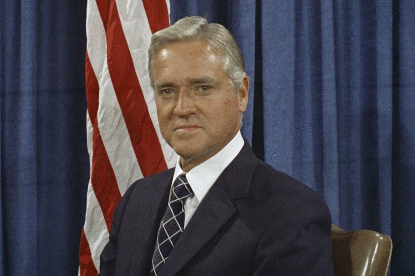 FILE - This April 20, 1971 file photo shows Senator Ernest F. Hollings (D-S.C.) in Washington, D.C. Hollings, a moderate six-term Democrat who made an unsuccessful bid for the presidency in 1984, has died. He was 97. Family spokesman Andy Brack says Hollings died early Saturday, April 6, 2019. (AP Photo/ Henry Griffin, File)