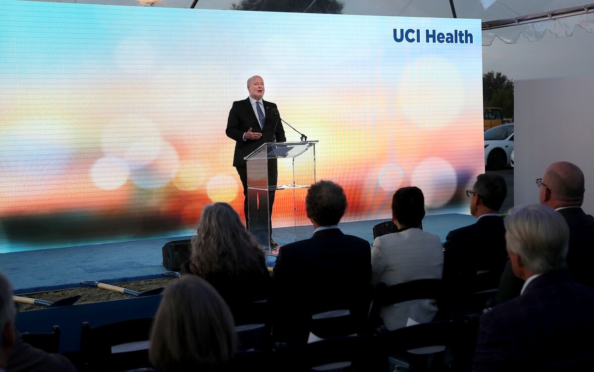 UCI Chancellor Howard Gillman speaks Monday during a ceremony for a new UCI Health hospital and medical complex.