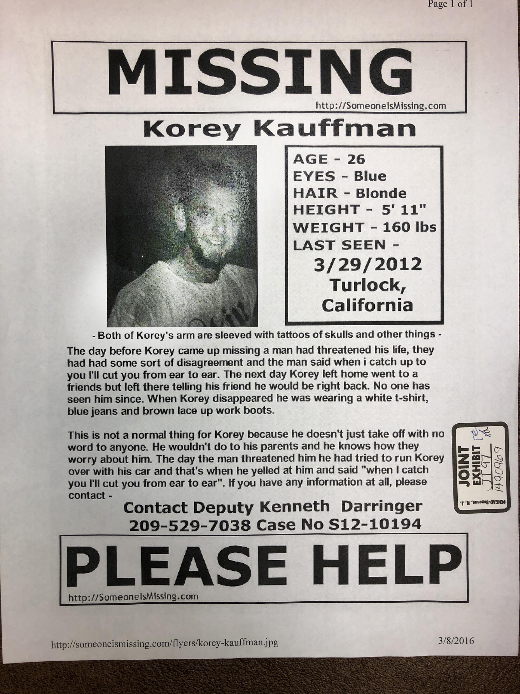 A flier from 2012 seeking help on the whereabouts of Korey Kauffman.
