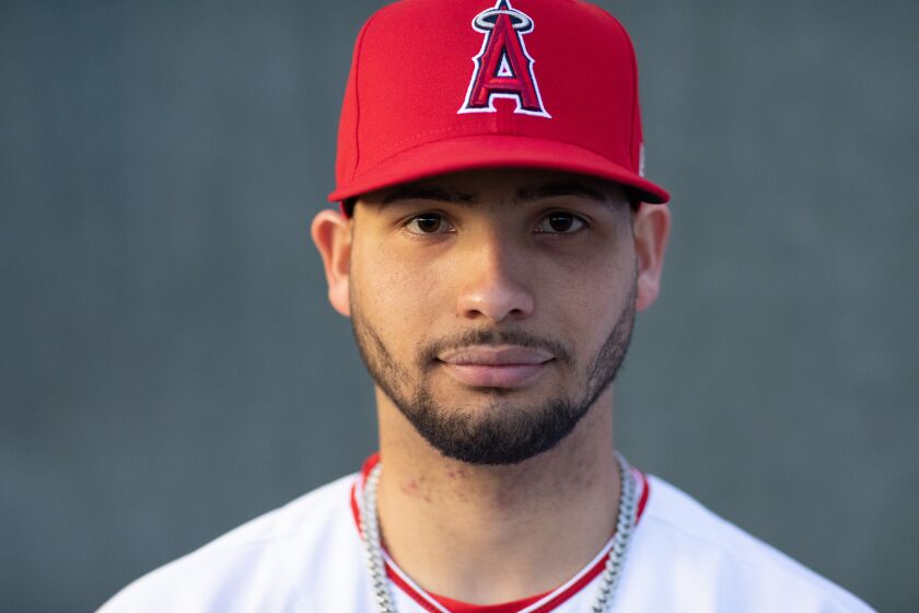 TEMPE, AZ - FEBRUARY 21: Los Angeles Angels catcher Edgar Quero photographed during spring training on Tuesday, Feb. 21, 2023 in Tempe, AZ. (Myung J. Chun / Los Angeles Times)
