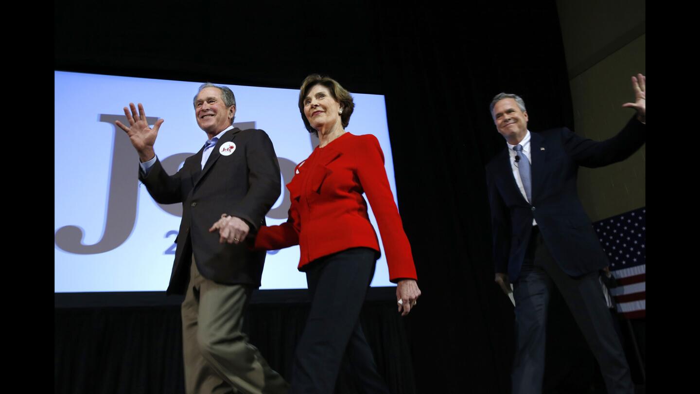 Former President George W. Bush and former First Lady Laura Bush join Republican presidential candidate Jeb Bush at a campaign rally in Charleston, S.C.