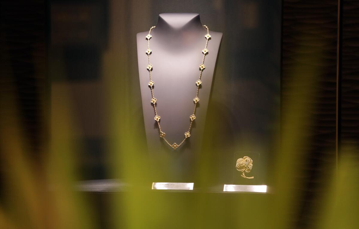 A Van Cleef & Arpels' Alhambra necklace (circa 1978) is displayed in the Room 1906 in Beverly Hills.