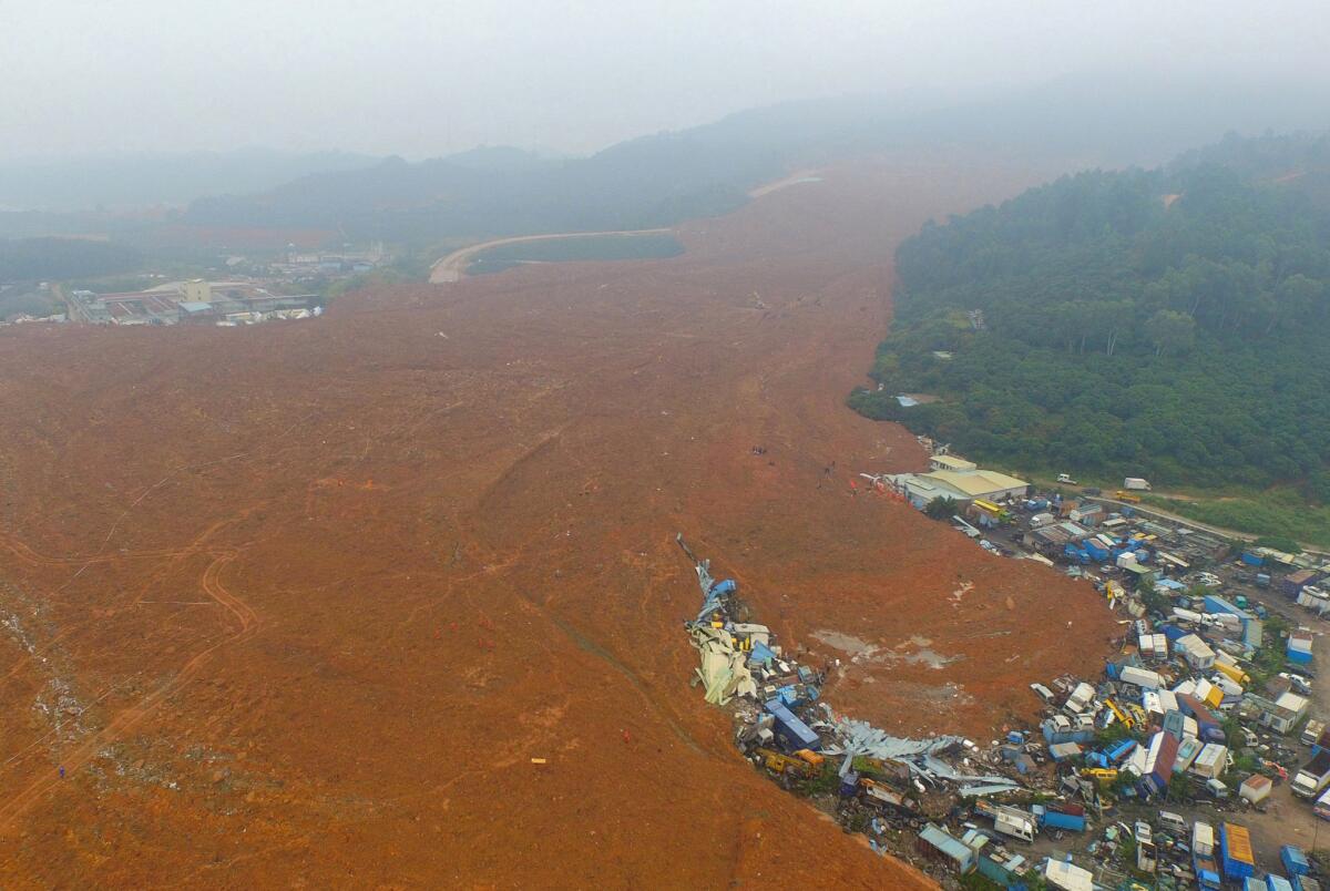 In this aerial photograph, the site of a landslide that hit an industrial park in Shenzhen in south China's Guangdong province can be seen.