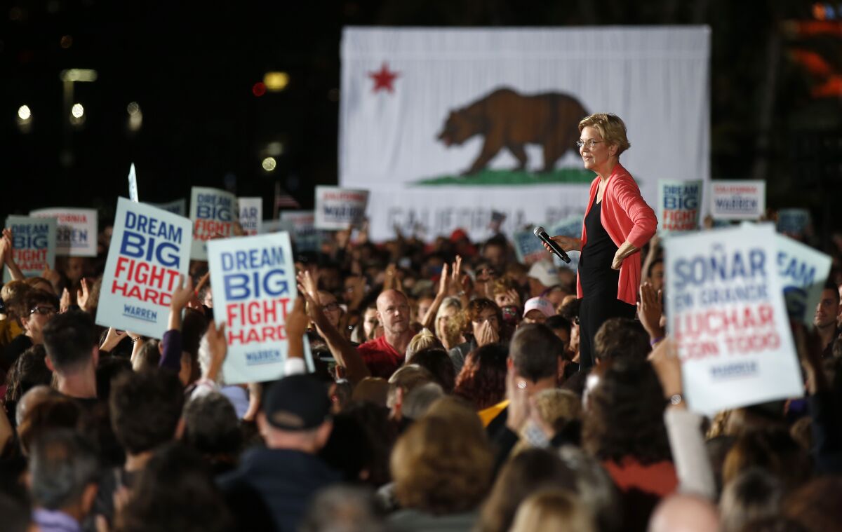 Sen. Elizabeth Warren at a rally Thursday night at Waterfront Park in San Diego.